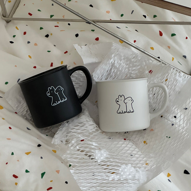 Matte Black and White Dog Mug - 320ml Coffee Cup for Couples