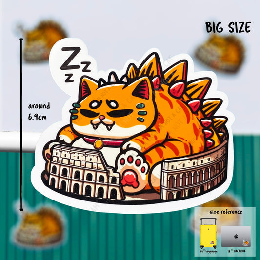 Kindle Luggage Cat Sticker - Sleeping Catzilla in Colosseo | for gameboy , godzilla x king kong, macbook, bike, water bottle cats stickers