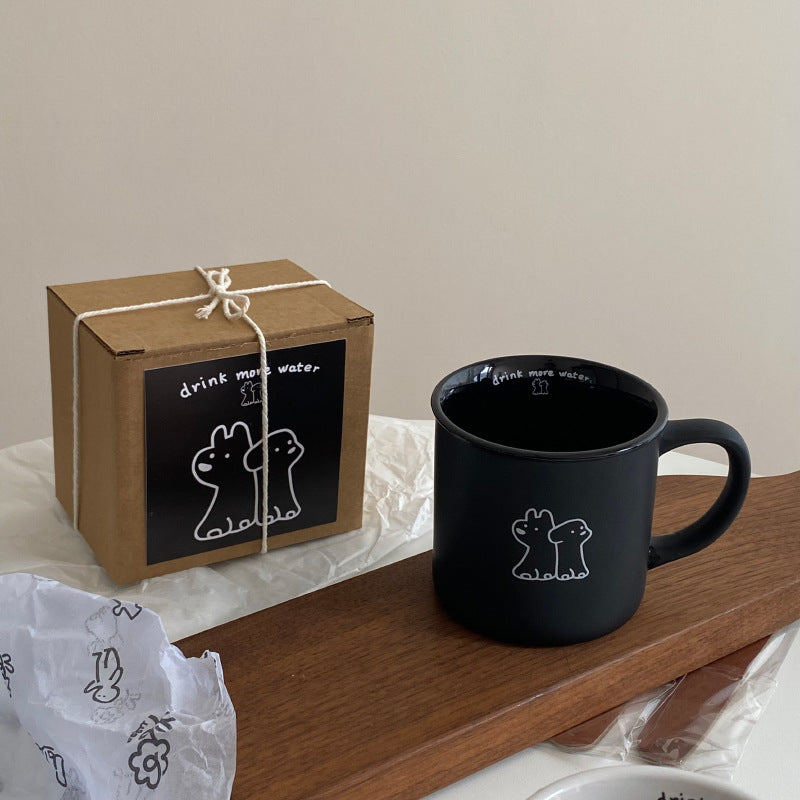 Matte Black and White Dog Mug - 320ml Coffee Cup for Couples